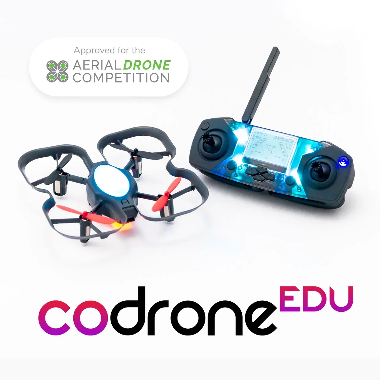 Dron CoDrone EDU junto a su control remoto con pantalla, aprobado para la Aerial Drone Competition